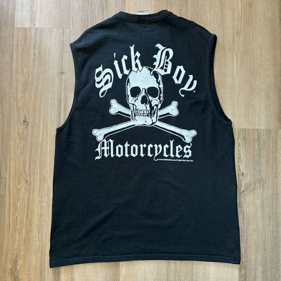 Y2K Sick Boy Motorcycles XL Graphic Tank Top Black Skull Crossbones Bikercore - Picture 1 of 5